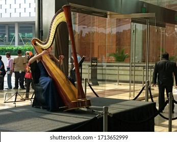 06 Nov 2010: Female Harpist, On A Raised Platform, Welcomes Guests To The Marina Bay Sands Hotel, Singapore. A Group Of People Gather Outside The Entrance While A Man Walks By A Glass Door.
