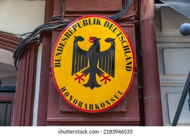 06.11.2022 Kiev, Ukraine - German Consulate Sign With Black Eagle - German Coat Of Arms