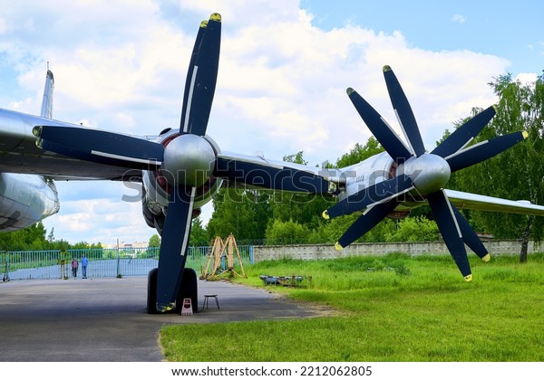 06.16.2022 Central Museum of the Air Force at the Air\
Force Academy, Monino, Moscow region Tu-95 Bear Soviet and Russian\
turboprop strategic bomber-missile carrier turboprop engines on the\
wing 