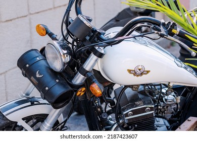 07 July 2022, Antalya, Turkey: Harley-Davidson American Vintage Motor Bike. Close-up On A Company Logo Brand On A Fuel Tank