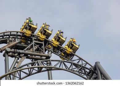 07.04.2019 Alton Towers Resort, UK. The Smiler Rollercoaster At Alton Towers Theme Park In Staffordshire.