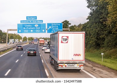 08 August 2019, Munich, Germany: Cargo truck on german highway road