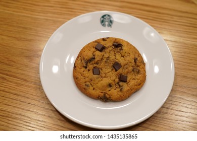 08 June 2019; Bangkok Thailand: Top View Close Up Dish Of Starbucks Chocolate Cookie At Starbucks Cafe Coffee Shop