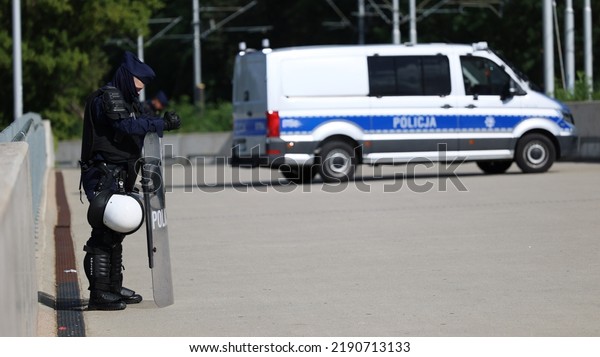 08.06.2022\
wroclaw, poland, A service police car of the Polish state police\
during an action to secure a football\
match.