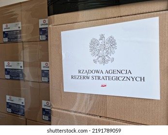 08.19.2022 Wroclaw, Poland, Medical Supplies Cartons Of The Government's Strategic Reserves Center.