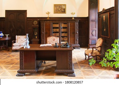 08/28/2020. Humenné Antique Office Room With Carved Wood Furniture From The 18th Century In The Vihorlát Museum. The Renaissance Building Offers A Look Back At The Culture Of The Nobility.