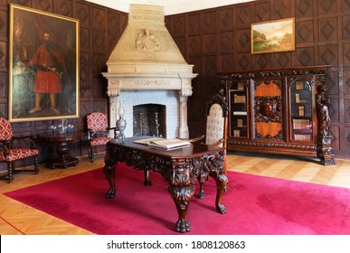 08/28/2020. Humenné Antique Salon Room With Carved Furniture With Lion Legs, And Marble Fireplace In The Vihorlát Museum. The Renaissance Building Offers A Look Back At The Culture Of The Nobility.