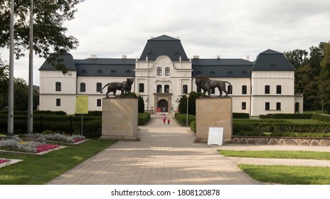 08/28/2020. Humenné Slovakia Lion King On The Humenne Vihorlat Museum's Gate. The Renaissance Building Offers A Look Back At The Culture Of The Nobility From The Renaissance To The 20th Century.