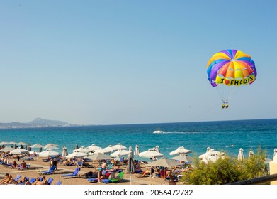 09 15 2021 Rhodes Greece Two Person Enjoying The Parasailing 