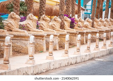 09 January 2022, Hurghada, Egypt: Restored Alley Of Karnak Sphinxes With A Goat's Head, Copied From Luxor