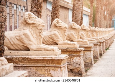 09 January 2022, Hurghada, Egypt: Restored Alley Of Karnak Sphinxes With A Goat's Head, Copied From Luxor