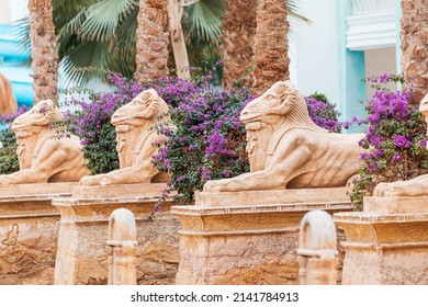 09 January 2022, Hurghada, Egypt: Restored Alley Of Karnak Sphinxes With A Goat's Head, Copied From Luxor