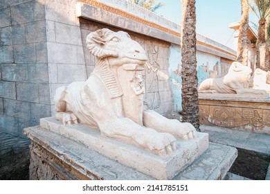 09 January 2022, Hurghada, Egypt: Restored Alley Of Karnak Sphinxes With A Goat's Head, Copied From Luxor