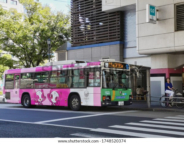 09-19-2019 Tokyo, Japan - Bus\
with images of the Tokyo Olympics 2020, Bus Station Street Metro\
Subway