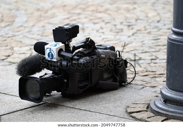 09.26.2021 wroclaw, poland, Camera and\
microphone of the TVN24 Polish news\
television.