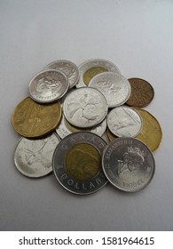 1, 10, 25 cents, 1 and 2 Dollars Canada coins.                                