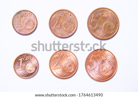 1, 2 and 5 cent copper coins face up. Euros wore out, and aged