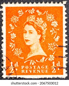 1 2 Pence Orange Used Postage Stamp With A Portrait Of Queen Elizabeth II, Circa 1952 1954.