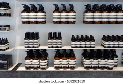 1 April 2018, A Shelf With Many Glass Bottle Of Aesop Skin Care Product At Aesop Shop,Taiwan Taipei