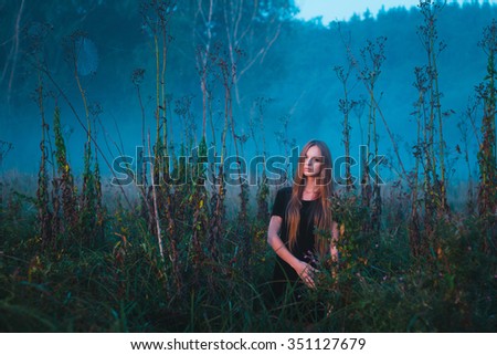 1 Beautiful Young Woman Meadow Morning Fog