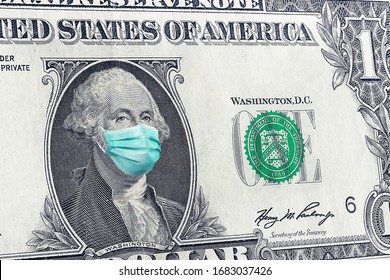 $ 1 Bills With Washington In A Medical Mask. Coronavirus Epidemics In The United States. Impact Of The Coronavirus Epidemic On The United States Economy. Impact Of The Coronavirus Epidemic On