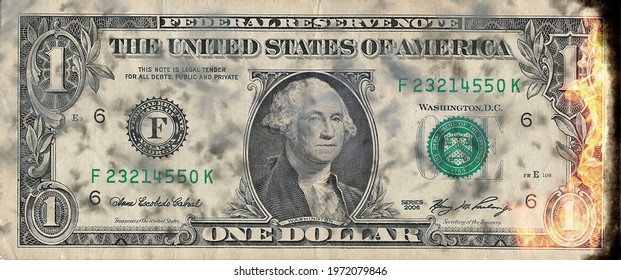 1 Dollar Bill On Fire For Bankruptcy Of The Dollar Currency, Bad Investment, Stock Market Crash, End Of The Dollar, Rise Of Crypto-currencies, Financial Crisis, Austerity Policy, Capitalism . Burning