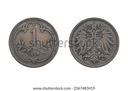 1 Heller 1898 Franz Joseph I. Austrian Empire coin. Obverse The double headed imperial eagle with Habsburg-Lorraine shield on breast. Reverse
Value above sprays, date below, within curved stylised shi