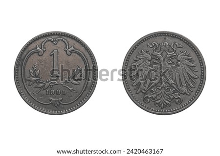 1 Heller 1901. Coin of Austrian Empire. Obverse The double headed imperial eagle with Habsburg-Lorraine shield on breast.  Reverse Value above sprays, date below, within curved stylised shield