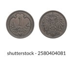 1 Heller 1911 coin. Coin of Austrian Empire. Coin 1 heller 1911 Obverse and Reverse on white background. The double headed imperial eagle with Habsburg-Lorraine shield on breast