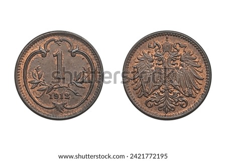 1 heller 1912. Coin of Austrian Empire. Obverse The double headed imperial eagle with Habsburg-Lorraine shield on breast.  Reverse Value above sprays, date below, within curved stylised shield