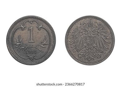 1 Heller 1915 Franz Joseph I. Coin of the Austrian Empire. Obverse The double headed imperial eagle with Habsburg-Lorraine shield on breast. Reverse Value above sprays, date below, within curved styli - Shutterstock ID 2366270817