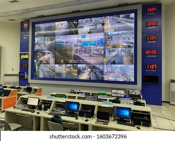 1 JAN 2020 , The Control Room Of The Traffic Control. Computer Monitors Showing The Cameras All Over The City At Bangkok ,Thailand.