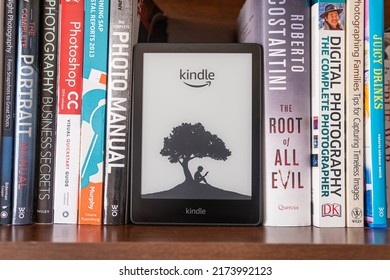 1 July 2022 - Calgary, Alberta Canada - Amazon Kindle Tablet For Reading Books.