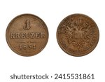 1 Kreuzer 1851 B Franz Joseph I. Coin of Austrian Empire. Obverse The double-headed eagle, lettering around outside within a beaded border.  Reverse The value above dividing line, year and mintmark be