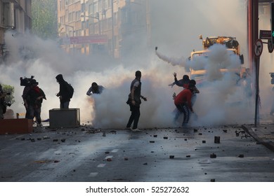 1 May 2013, Istanbull, Turkey. A Group Of Protestors Clash With Riot Police During May Day Parade In Istanbul In Istanbul.