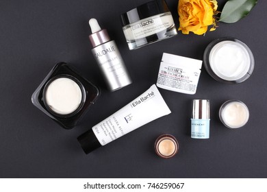 1 November 2017, Kiev, Ukraine. Various Face Care Products On Dark Black Background.