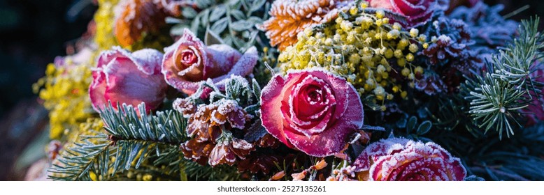 1 November All Saints' Day. White frost on red frozen roses in a bouquet.  - Powered by Shutterstock