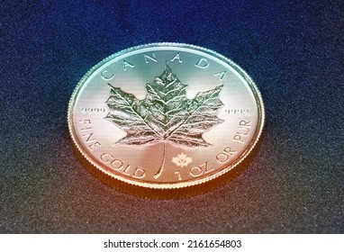 1 Ounce 9999 Fine Gold Coin - Canadian Maple Leaf - Macro Photo