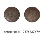 1 Penny 1916 George V. Coin of United Kingdom. Coin 1 Penny 1916 Obverse and Reverse on white background. Uncrowned portrait of King George V facing left, legend around