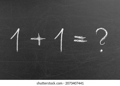 1 plus 1 math equation formula with a question mark on a chalkboard. School and education concepts and backgrounds