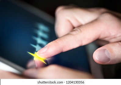 1 star review in survey, poll or customer satisfaction research. Reclamation or complaint about bad service and experience. Disappointed and angry man giving negative feedback with tablet. - Shutterstock ID 1204130356