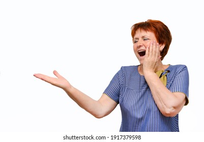 1 White Woman 60 Years Old With A Blue Dress On A White Background Is Surprised, Happy