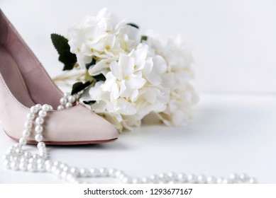 1, White Women's Boat Shoe, Pearl, Necklace, Flower, Hydrangea, Shoes