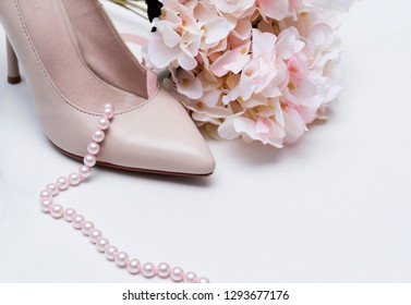 1 White Women's Boat Shoe, Pink Pearl Necklace, Rose Hydrangea Flower, Shoes