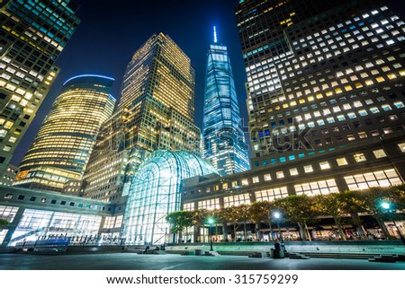 1 World Trade Center and buildings in Battery Park City at night, in Lower Manhattan, New York.