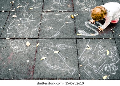 A 1 Year Old Baby Plays Sitting On The Floor Of A Park With Some Chalk To Draw On The Black Ground.