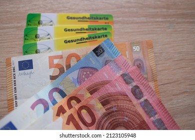 10, 50 Euro Banknotes, Electronic Public Health Insurance Cheaper, Insurance Card In German, Concept Medical Support On Trip To Europe, Guarantee Of Treatment, Payments To Medical Fund