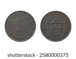 10 bani 1867 coin. Coin of Romania. Coin 10 bani 1867 Obverse and Reverse on white background. Crowned arms of Romania with supporters within the crowned mantle