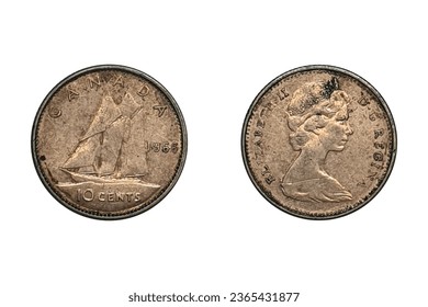 10 Cents 1966 Elizabeth II. Coin of Canada. Obverse Bust of Queen Elizabeth II, as at 37 years of age, wearing tiara, facing right. Reverse The Bluenose under sail, a Canadian schooner from Nova Scoti - Shutterstock ID 2365431877