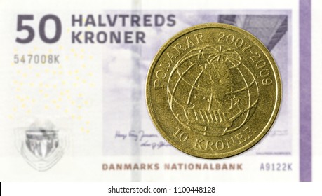 10 Danish Krone Coin Against 50 Danish Krone Note